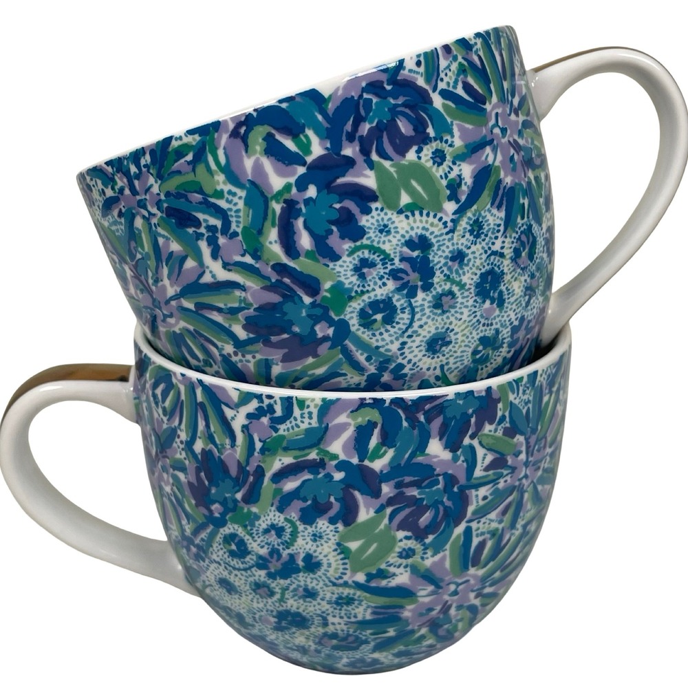 Lilly Pulitzer Coffee Mugs Set Of 2 Blue Floral Lion Around Print Gold Handles